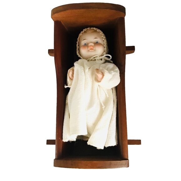 Vintage Shackman Bisque Doll Japan Plus Handmade Wooden Cradle Bed Miniature 5" - Picture 1 of 11